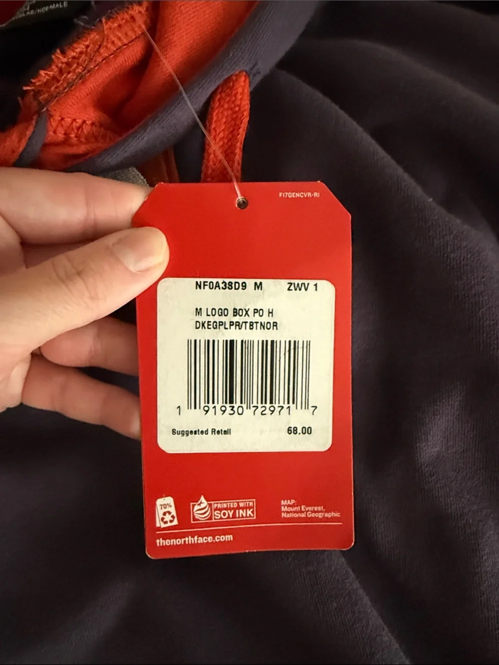 The North Face Men’s Purple Hoodie with Orange Lining and Drawstrings